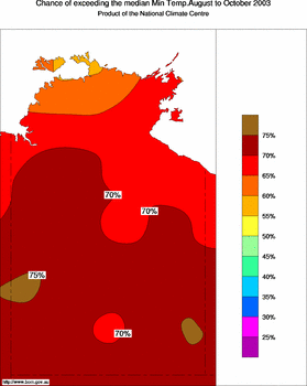 probability of exceeding median minimum temperature - click on the image for a larger version of the map