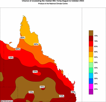 probability of exceeding median minimum temperature - click on the image for a larger version of the map