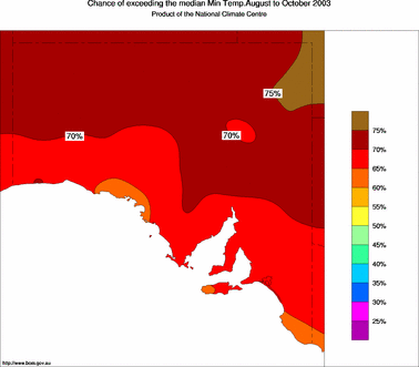 probability of exceeding median minimum temperature - click on the image for a larger version of the map