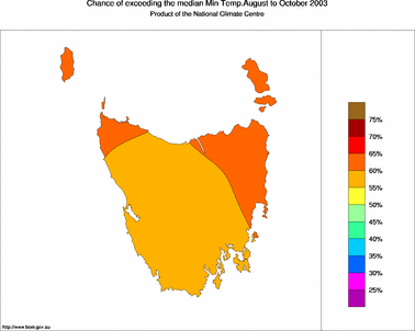 probability of exceeding median minimum temperature - click on the image for a larger version of the map