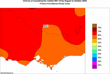 probability of exceeding median minimum temperature - click on the image for a larger version of the map