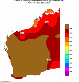 probability of exceeding median minimum temperature - click on the image for a larger version of the map
