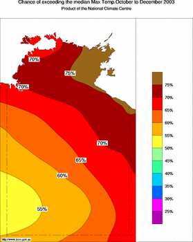 probability of exceeding median maximum temperature - click on the image for a larger version of the map