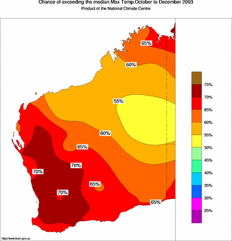 probability of exceeding median maximum temperature - click on the image for a larger version of the map