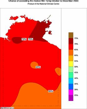 probability of exceeding median minimum temperature - click on the image for a larger version of the map