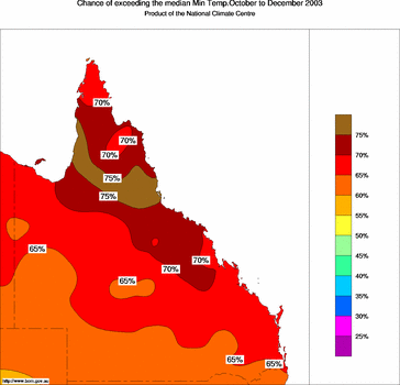 probability of exceeding median minimum temperature - click on the image for a larger version of the map