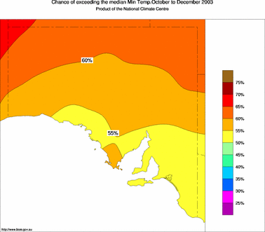 probability of exceeding median minimum temperature - click on the image for a larger version of the map