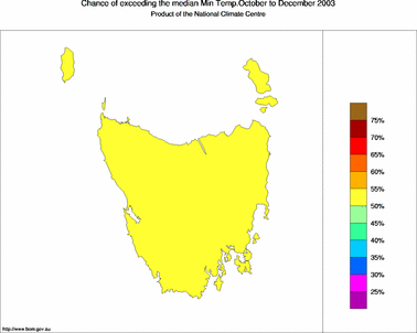 probability of exceeding median minimum temperature - click on the image for a larger version of the map