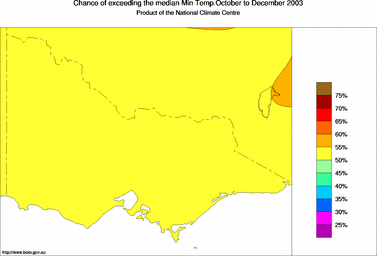 probability of exceeding median minimum temperature - click on the image for a larger version of the map