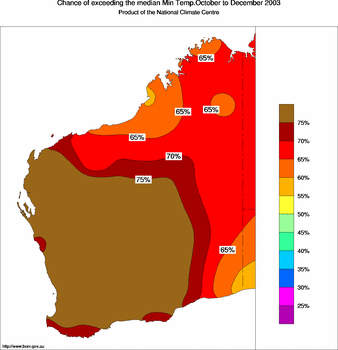 probability of exceeding median minimum temperature - click on the image for a larger version of the map