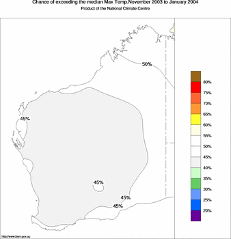 probability of exceeding median maximum temperature - click on the image for a larger version of the map