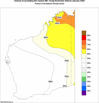 probability of exceeding median minimum temperature - click on the image for a larger version of the map