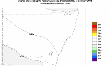 probability of exceeding median maximum temperature - click on the image for a larger version of the map