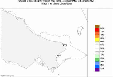probability of exceeding median maximum temperature - click on the image for a larger version of the map