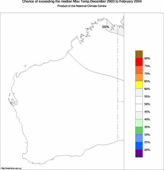 probability of exceeding median maximum temperature - click on the image for a larger version of the map