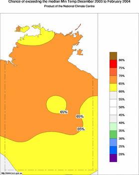 probability of exceeding median minimum temperature - click on the image for a larger version of the map