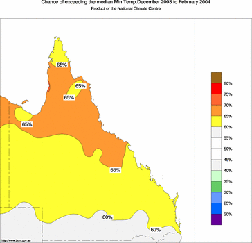 probability of exceeding median minimum temperature - click on the image for a larger version of the map