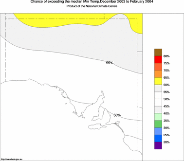 probability of exceeding median minimum temperature - click on the image for a larger version of the map
