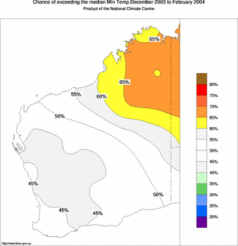 probability of exceeding median minimum temperature - click on the image for a larger version of the map
