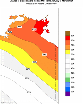 probability of exceeding median maximum temperature - click on the image for a larger version of the map