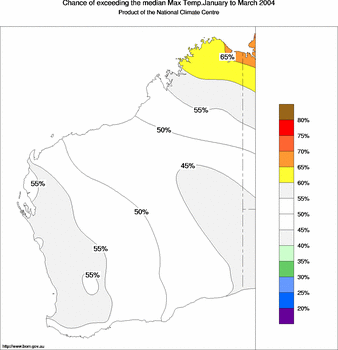 probability of exceeding median maximum temperature - click on the image for a larger version of the map