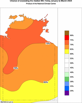 probability of exceeding median minimum temperature - click on the image for a larger version of the map