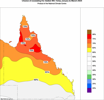 probability of exceeding median minimum temperature - click on the image for a larger version of the map
