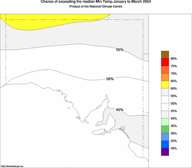 probability of exceeding median minimum temperature - click on the image for a larger version of the map