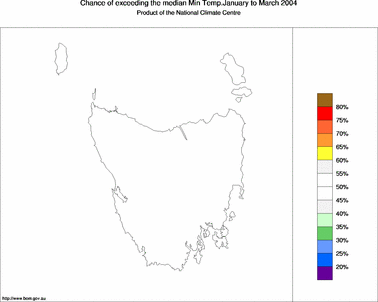 probability of exceeding median minimum temperature - click on the image for a larger version of the map
