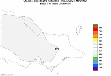 probability of exceeding median minimum temperature - click on the image for a larger version of the map