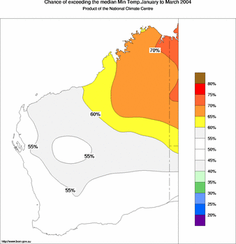 probability of exceeding median minimum temperature - click on the image for a larger version of the map