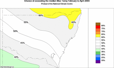 probability of exceeding median maximum temperature - click on the image for a larger version of the map