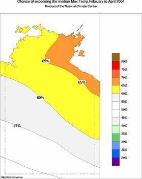 probability of exceeding median maximum temperature - click on the image for a larger version of the map