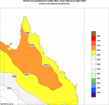 probability of exceeding median maximum temperature - click on the image for a larger version of the map
