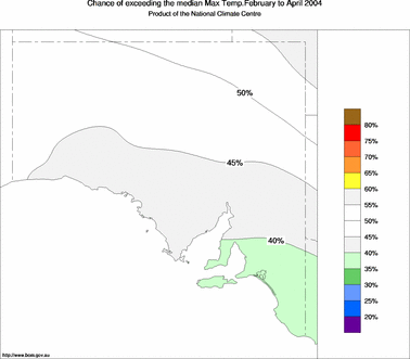 probability of exceeding median maximum temperature - click on the image for a larger version of the map