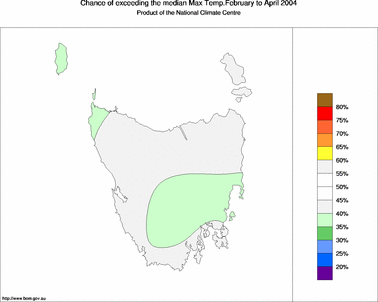 probability of exceeding median maximum temperature - click on the image for a larger version of the map