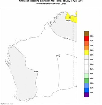 probability of exceeding median maximum temperature - click on the image for a larger version of the map