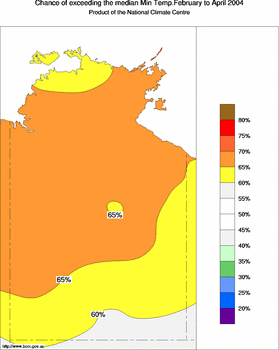 probability of exceeding median minimum temperature - click on the image for a larger version of the map