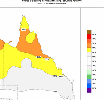 probability of exceeding median minimum temperature - click on the image for a larger version of the map
