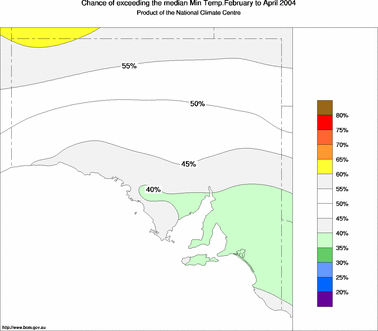 probability of exceeding median minimum temperature - click on the image for a larger version of the map