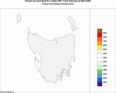 probability of exceeding median minimum temperature - click on the image for a larger version of the map