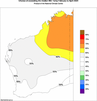 probability of exceeding median minimum temperature - click on the image for a larger version of the map
