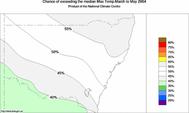 probability of exceeding median maximum temperature - click on the image for a larger version of the map