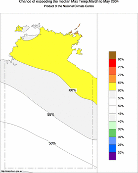 probability of exceeding median maximum temperature - click on the image for a larger version of the map