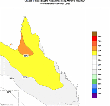 probability of exceeding median maximum temperature - click on the image for a larger version of the map