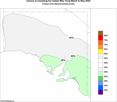 probability of exceeding median maximum temperature - click on the image for a larger version of the map