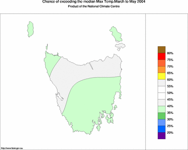 probability of exceeding median maximum temperature - click on the image for a larger version of the map