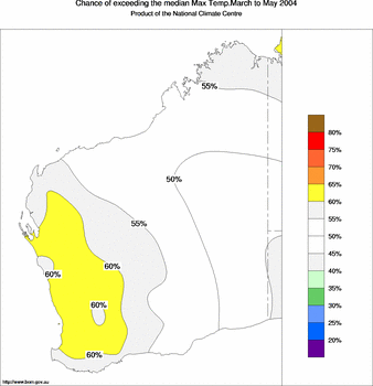 probability of exceeding median maximum temperature - click on the image for a larger version of the map