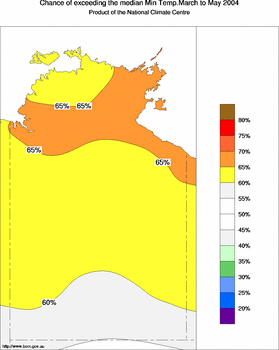 probability of exceeding median minimum temperature - click on the image for a larger version of the map