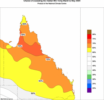probability of exceeding median minimum temperature - click on the image for a larger version of the map